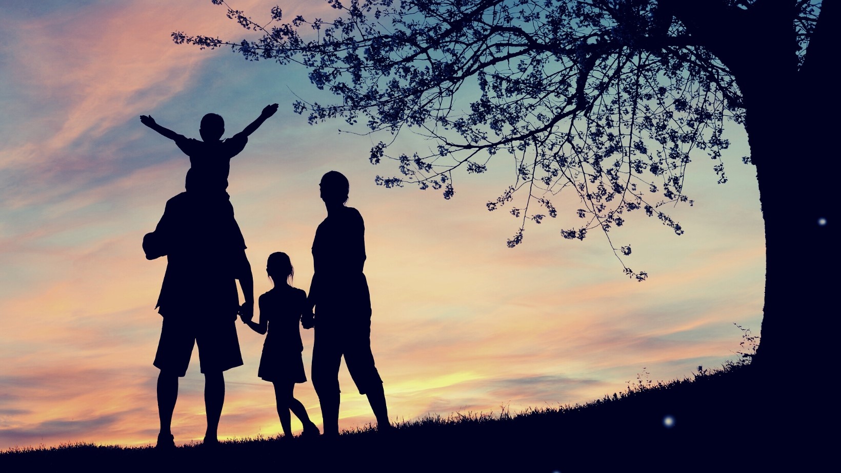 famille dans couché de soleil